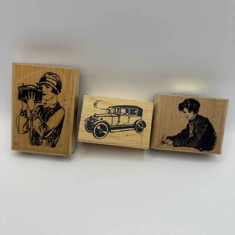 Victorian Greetings C20 Gibson Girl Photographer Car Rubber Stamp Lot Vintage